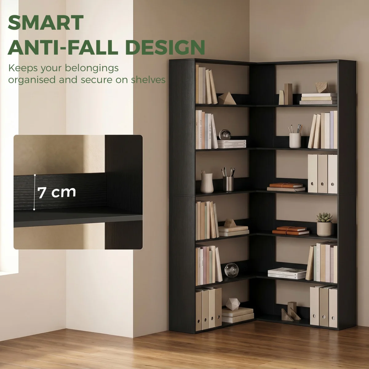 HOMCOM 7 Tiers Corner Bookshelf L Shaped - Black Wood Effect – image 5