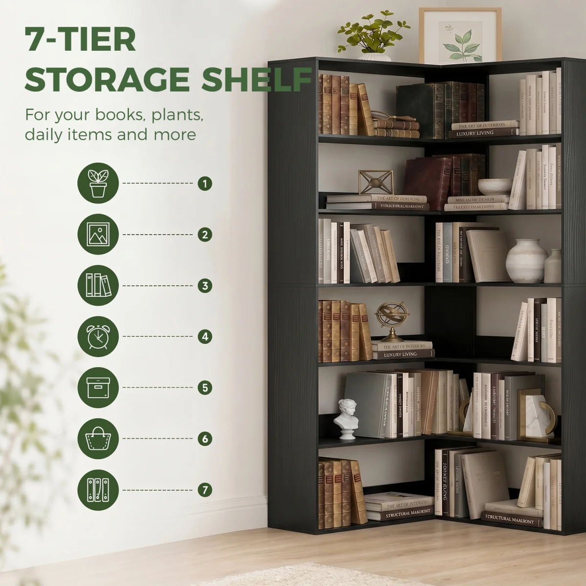 HOMCOM 7 Tiers Corner Bookshelf L Shaped - Black Wood Effect – image 6