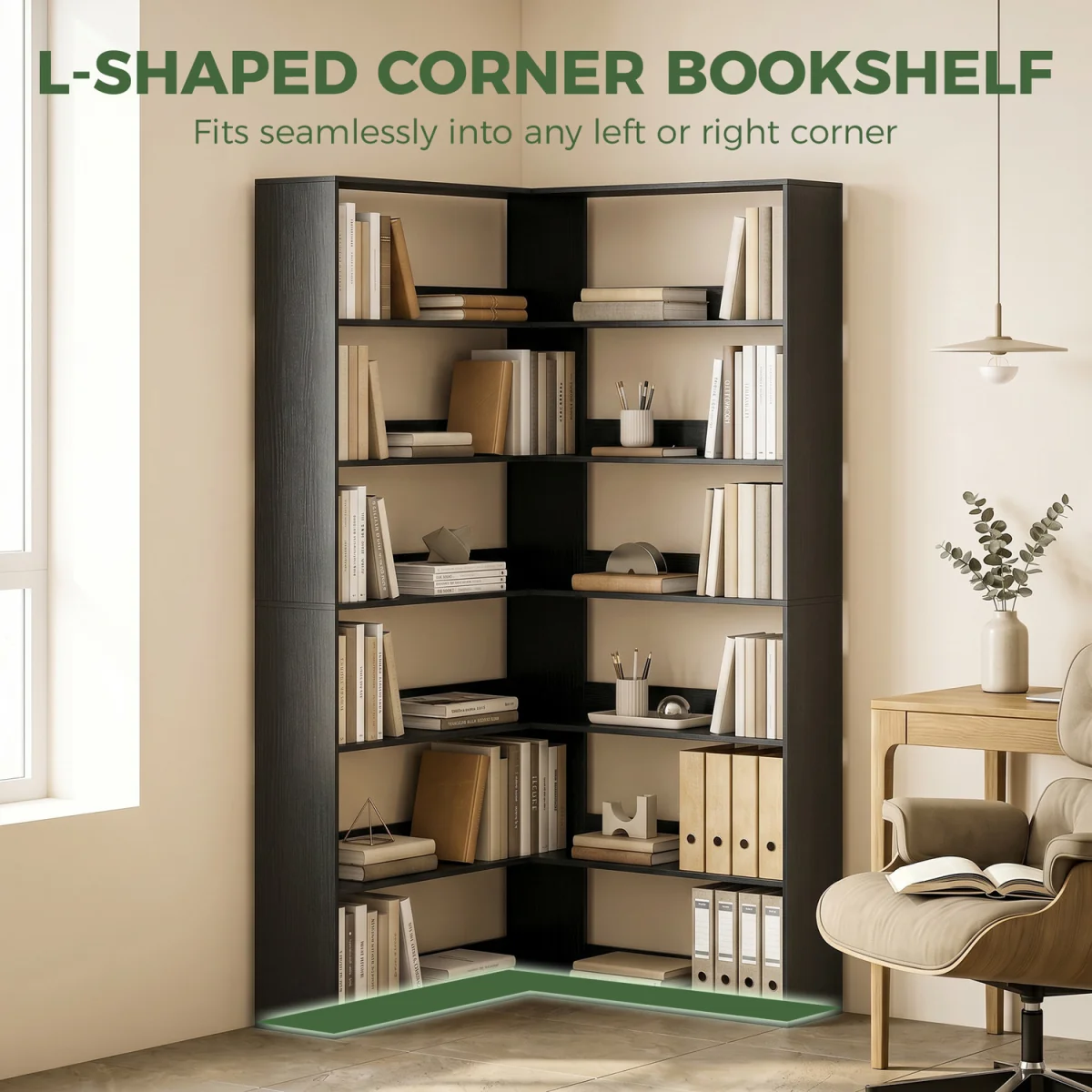 HOMCOM 7 Tiers Corner Bookshelf L Shaped - Black Wood Effect – image 7