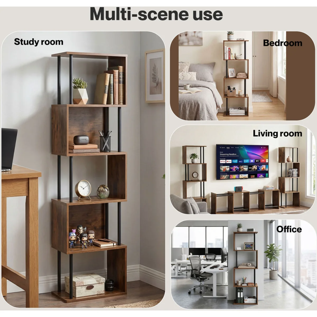 5-Tier Bookshelf S-Shaped Geometric Tall Bookcase Storage Unit Walnut - Brown – image 2