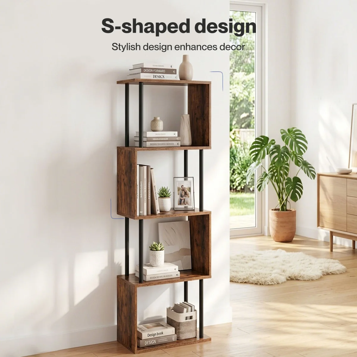 5-Tier Bookshelf S-Shaped Geometric Tall Bookcase Storage Unit Walnut - Brown – image 5