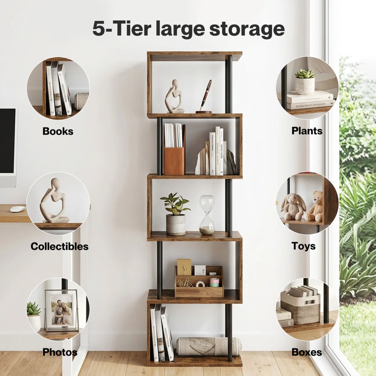 5-Tier Bookshelf S-Shaped Geometric Tall Bookcase Storage Unit Walnut - Brown – image 6