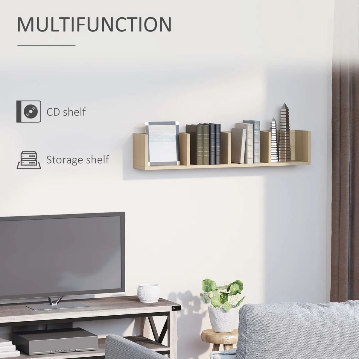 Padi Wood Natural Finish Wall-Mounted Media Storage Rack with 4 Cube Shelves – image 3