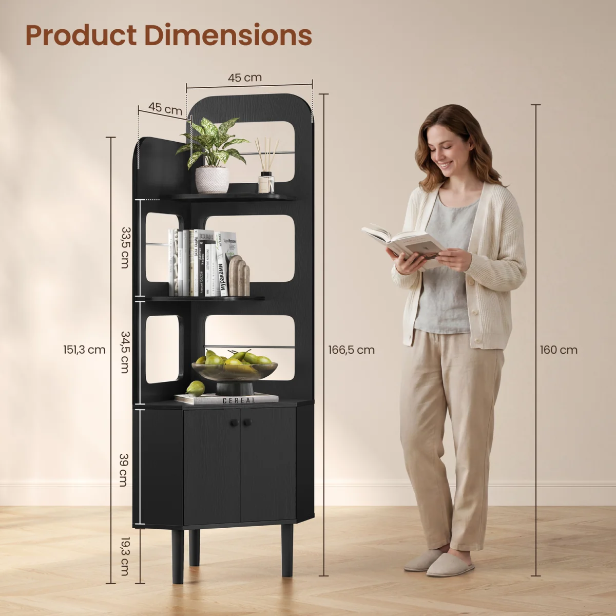 Yaheetech Corner Bookshelf Kitchen Storage Rack with Cabinet & 3 Shelves - Black – image 3