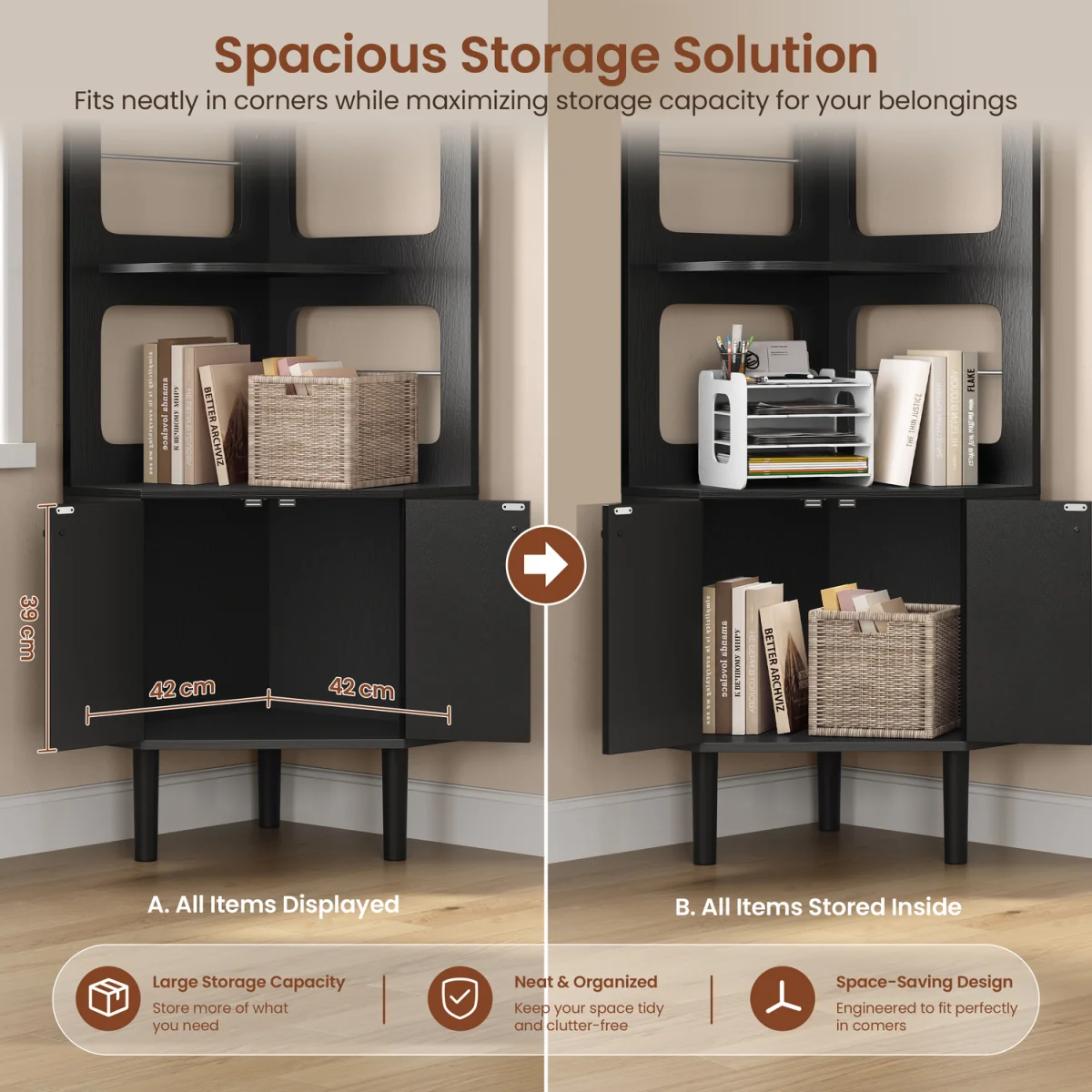 Yaheetech Corner Bookshelf Kitchen Storage Rack with Cabinet & 3 Shelves - Black – image 5