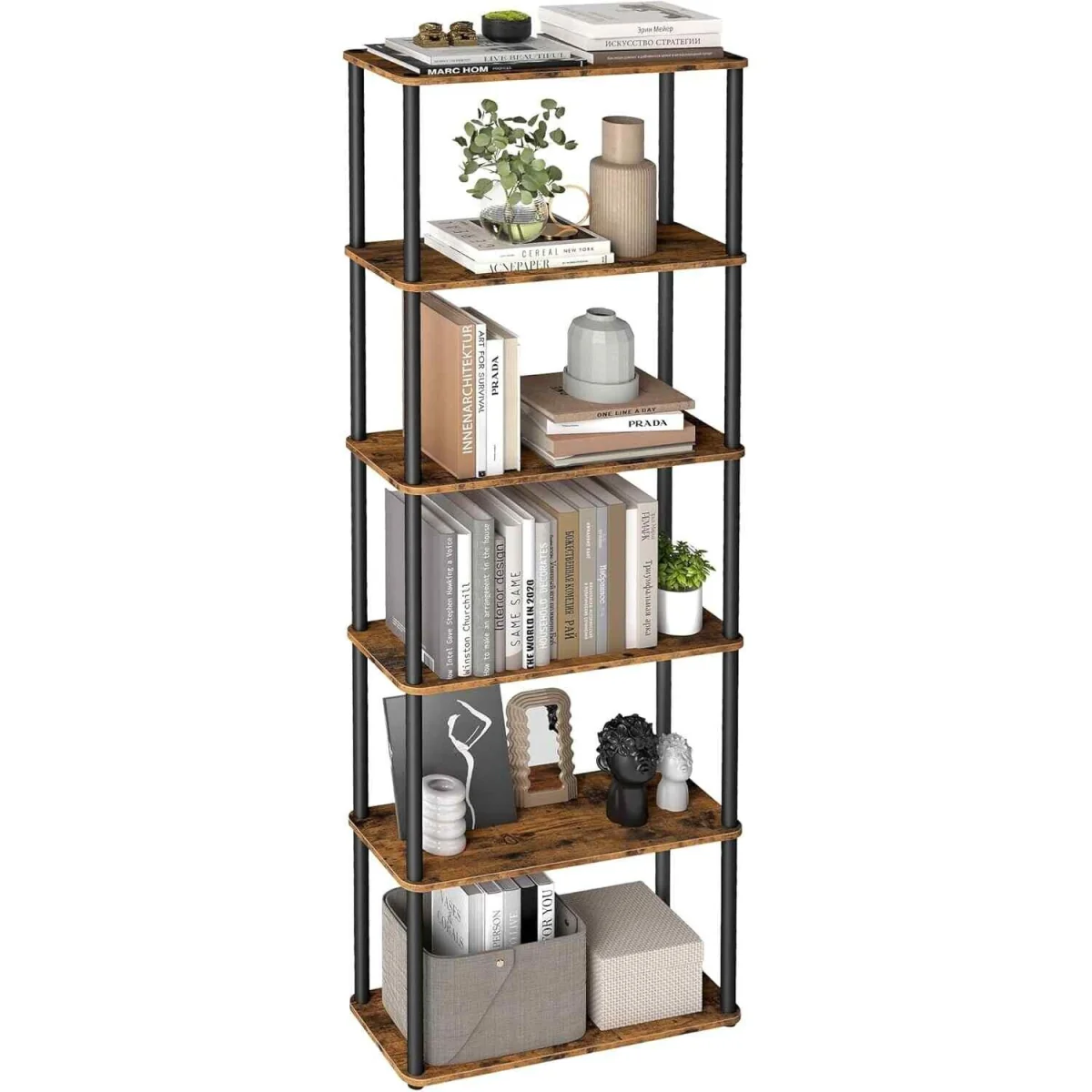 Wide 6 Tier Storage Rack Tool Free, Brown & Black - Rustic Brown, Ink Black – image 2