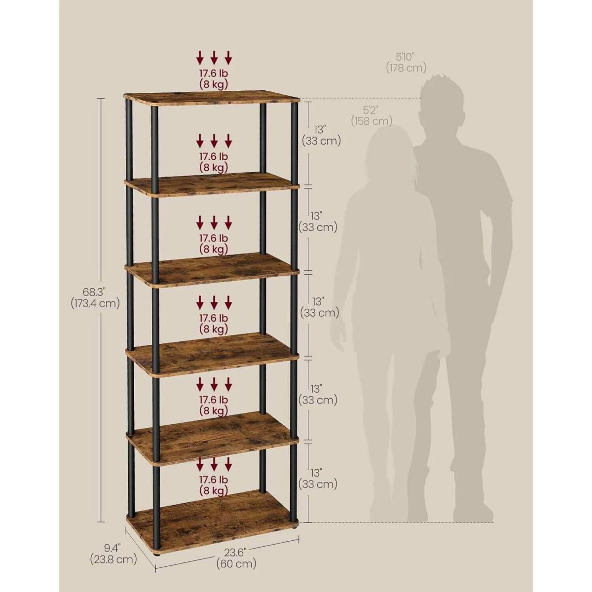 Wide 6 Tier Storage Rack Tool Free, Brown & Black - Rustic Brown, Ink Black – image 3