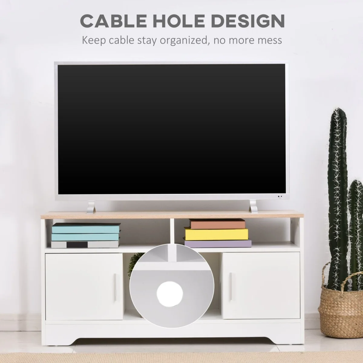 Tadori 105cm TV Console - White and Wood, 2 Doors and Open Shelves – image 2