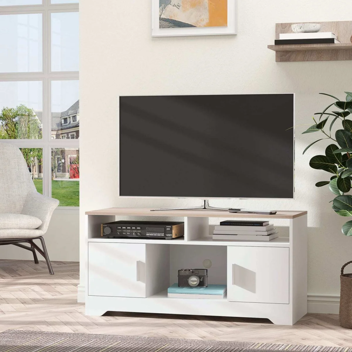Tadori 105cm TV Console - White and Wood, 2 Doors and Open Shelves – image 4