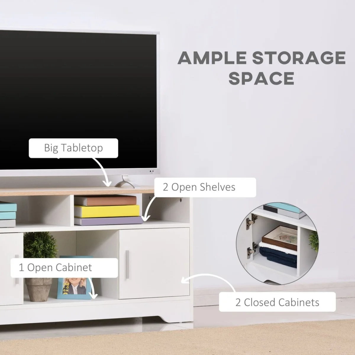 Tadori 105cm TV Console - White and Wood, 2 Doors and Open Shelves – image 6