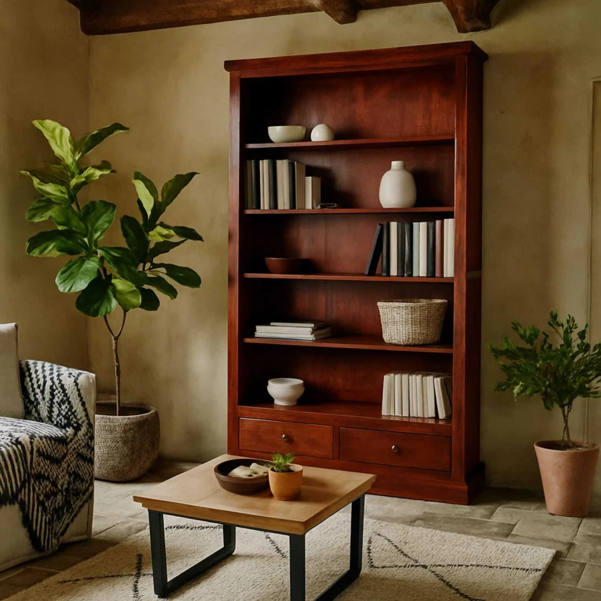 Oxford Mahogany Mango Wood Bookcase 5 Shelves 2 Drawers - Brown – image 1