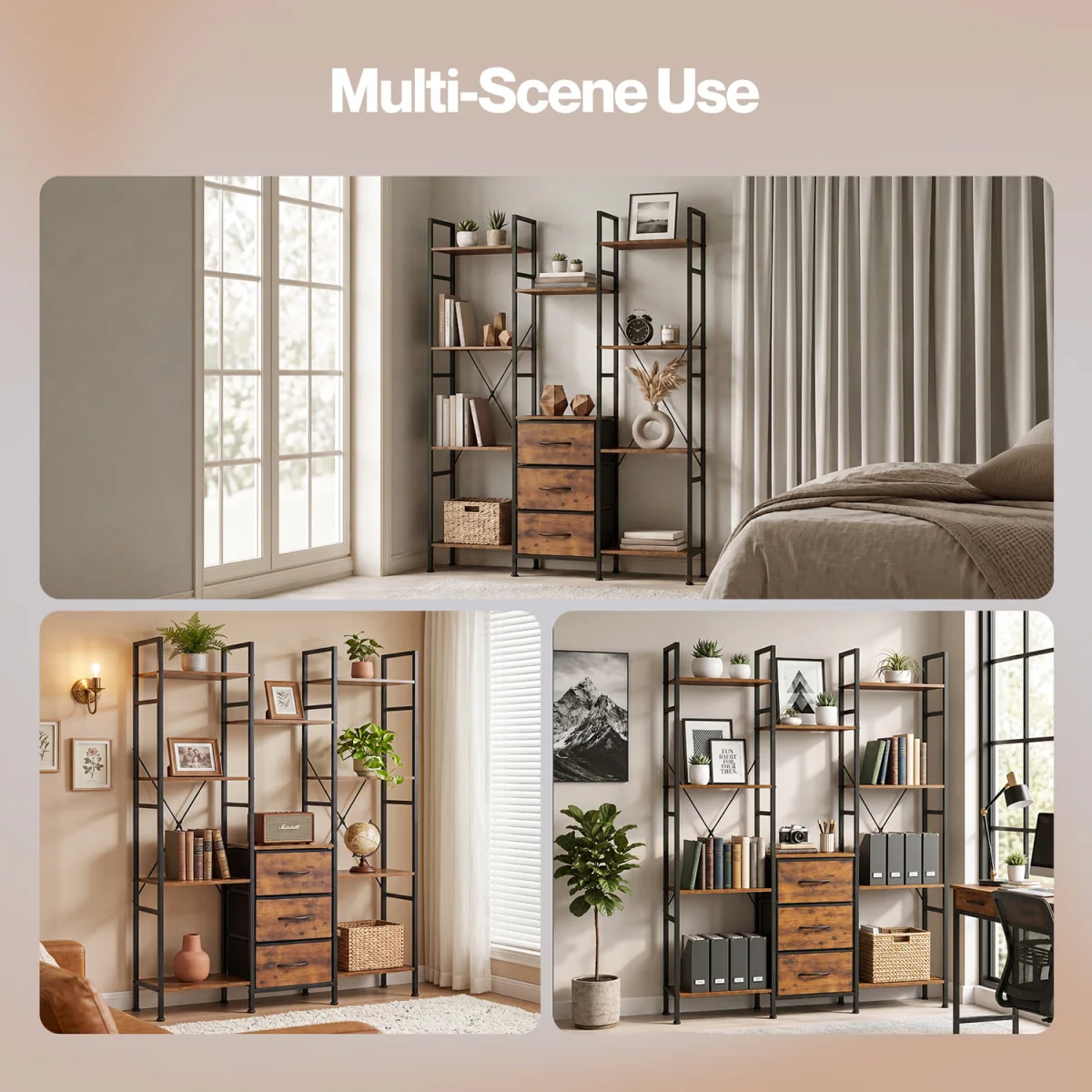 Book Shelves 3 Fabric Drawers Tall Storage Unit for Living Room Brown - Brown – image 2