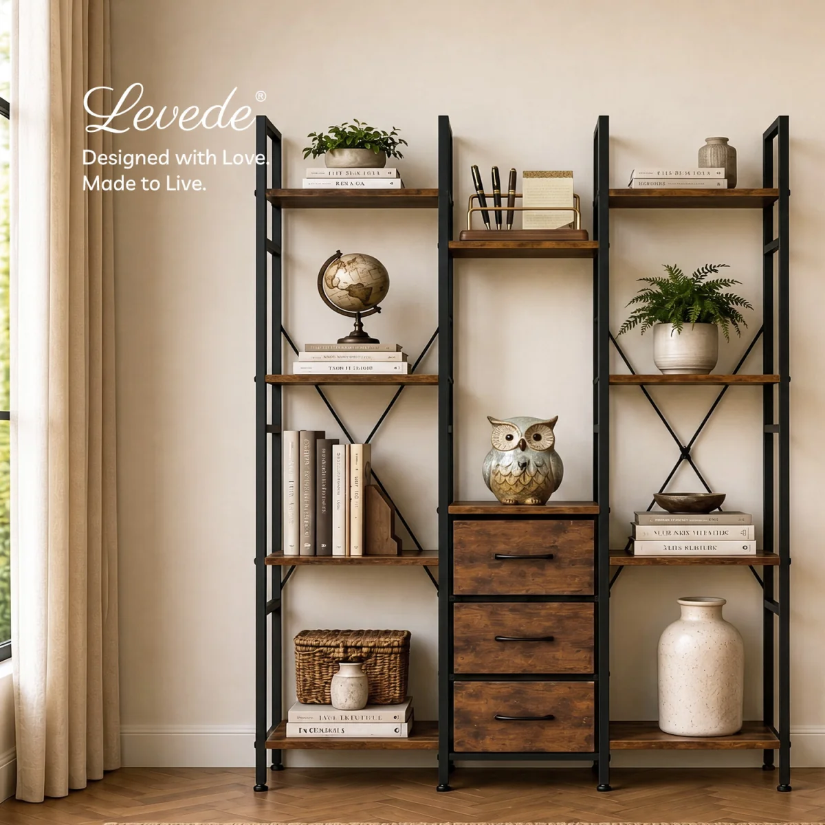 Book Shelves 3 Fabric Drawers Tall Storage Unit for Living Room Brown - Brown – image 3