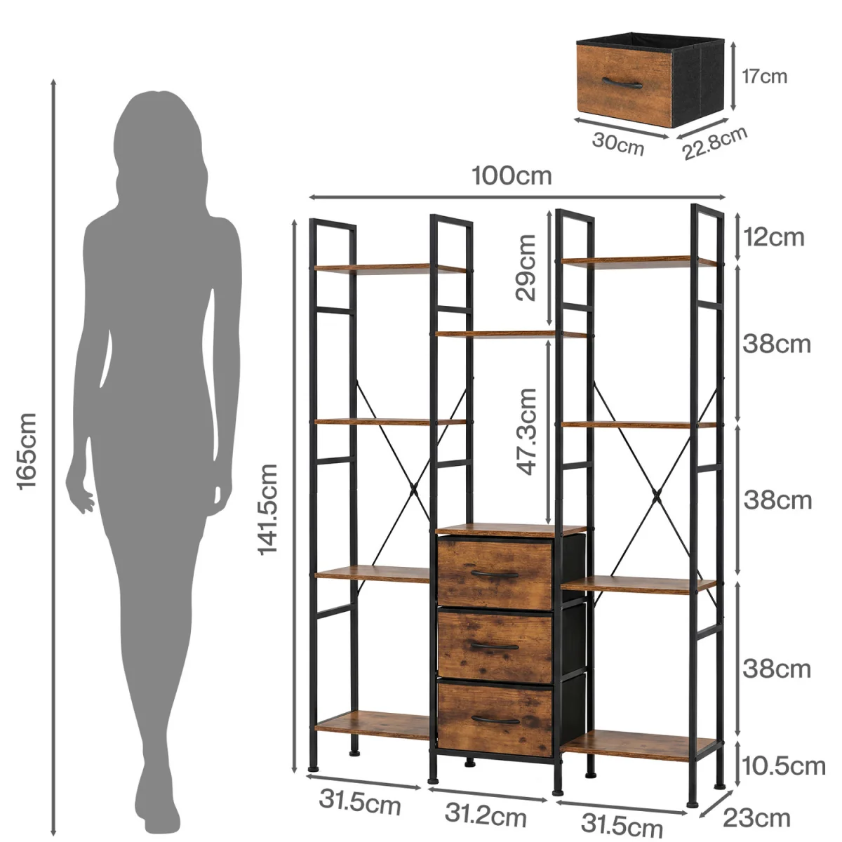 Book Shelves 3 Fabric Drawers Tall Storage Unit for Living Room Brown - Brown – image 4