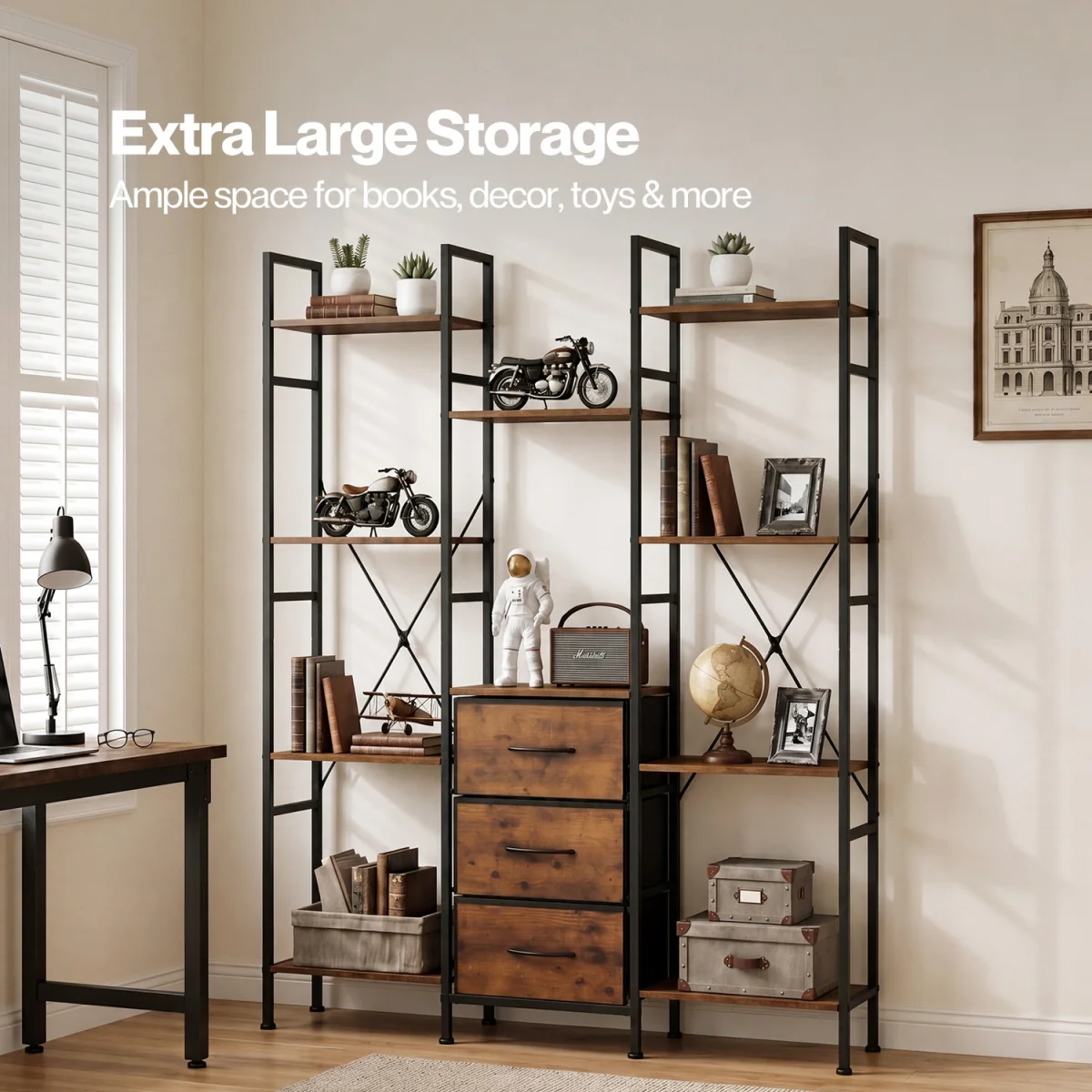 Book Shelves 3 Fabric Drawers Tall Storage Unit for Living Room Brown - Brown – image 5