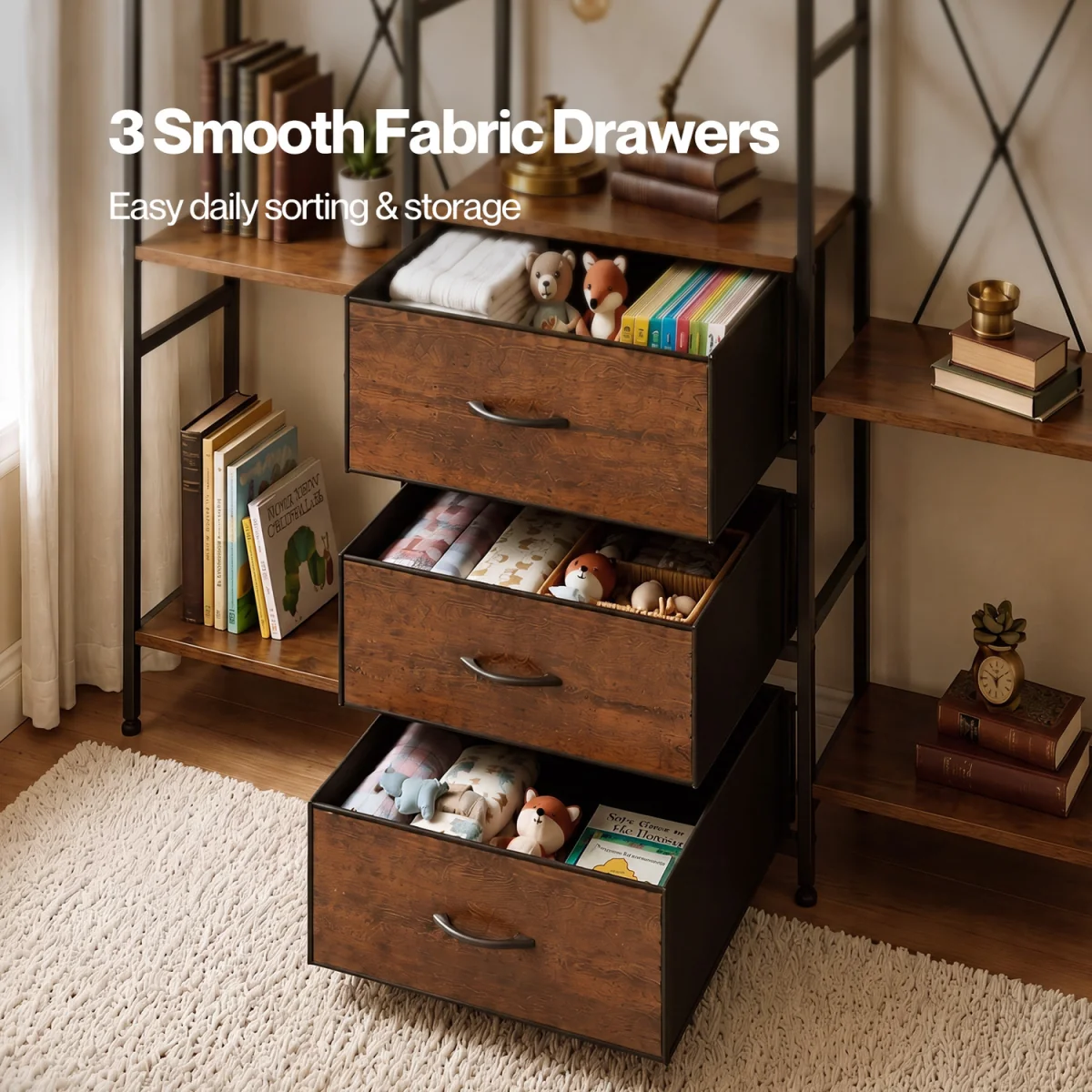 Book Shelves 3 Fabric Drawers Tall Storage Unit for Living Room Brown - Brown – image 6