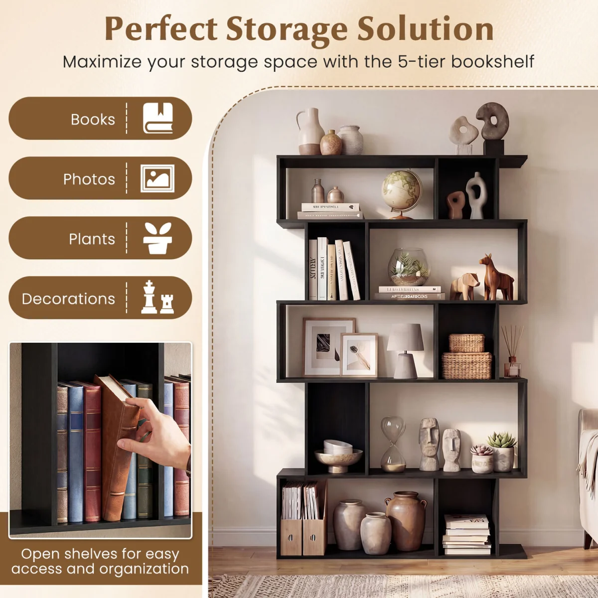 5 Tier Bookcase with Open Shelves - Black – image 5