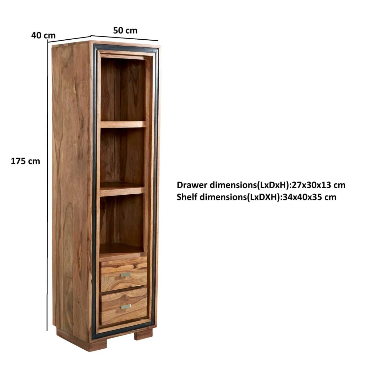 New York Sheesham Slim Bookcase 3 Shelves 2 Drawers High - Brown – image 2
