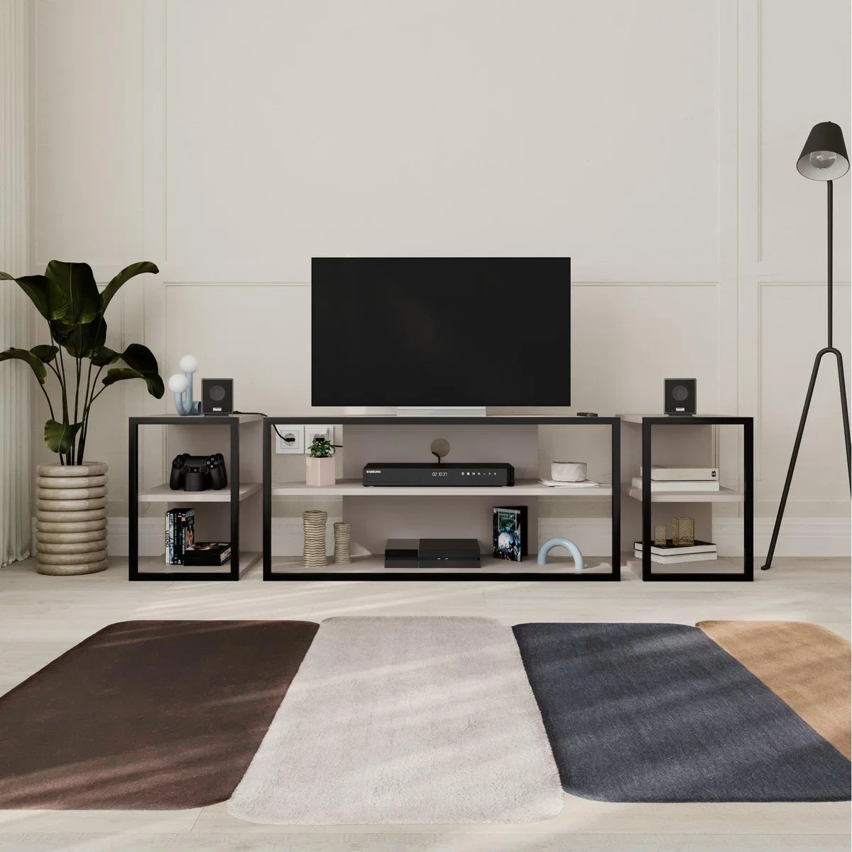 Echo Modern TV Unit Set Metal Frame and Open Shelves with 2 Side Unit - Mocha Grey