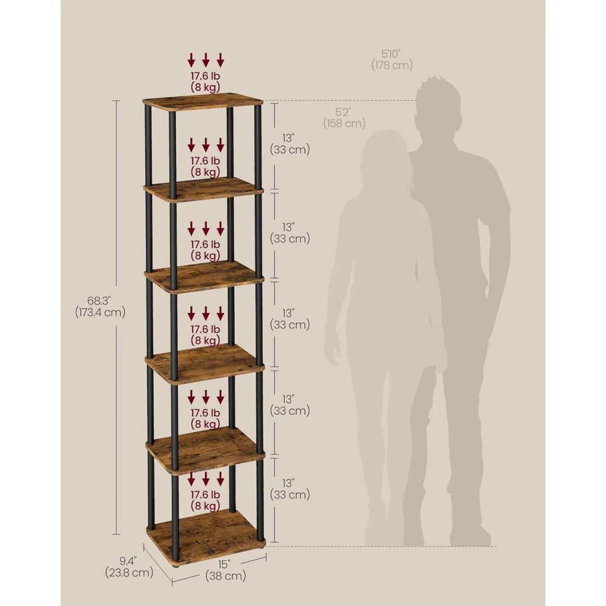 6 Tier Storage Rack Tool Free Assembly, Brown & Black - Rustic Brown, Ink Black – image 2