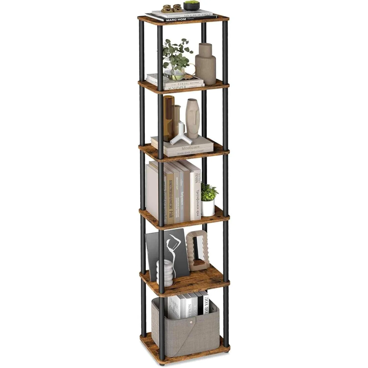 6 Tier Storage Rack Tool Free Assembly, Brown & Black - Rustic Brown, Ink Black – image 3