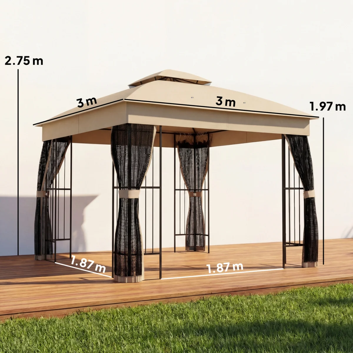 Outsunny 3 x 3 m Garden Gazebo with Shelves, UPF50+ Permanent Gazebo - Brown – image 2