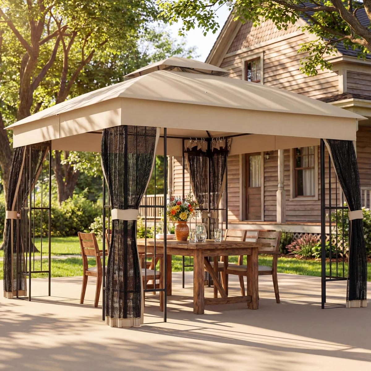 Outsunny 3 x 3 m Garden Gazebo with Shelves, UPF50+ Permanent Gazebo - Brown – image 3