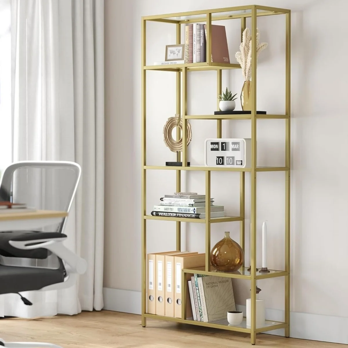 Tall 6-Tier Tempered Glass Bookcase with Metal Frame, Luxury Display Storage Unit - Metallic Gold – image 2
