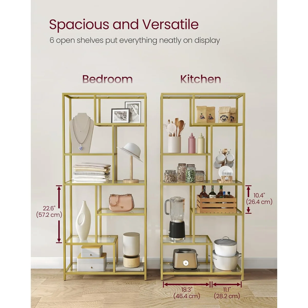 Tall 6-Tier Tempered Glass Bookcase with Metal Frame, Luxury Display Storage Unit - Metallic Gold – image 3