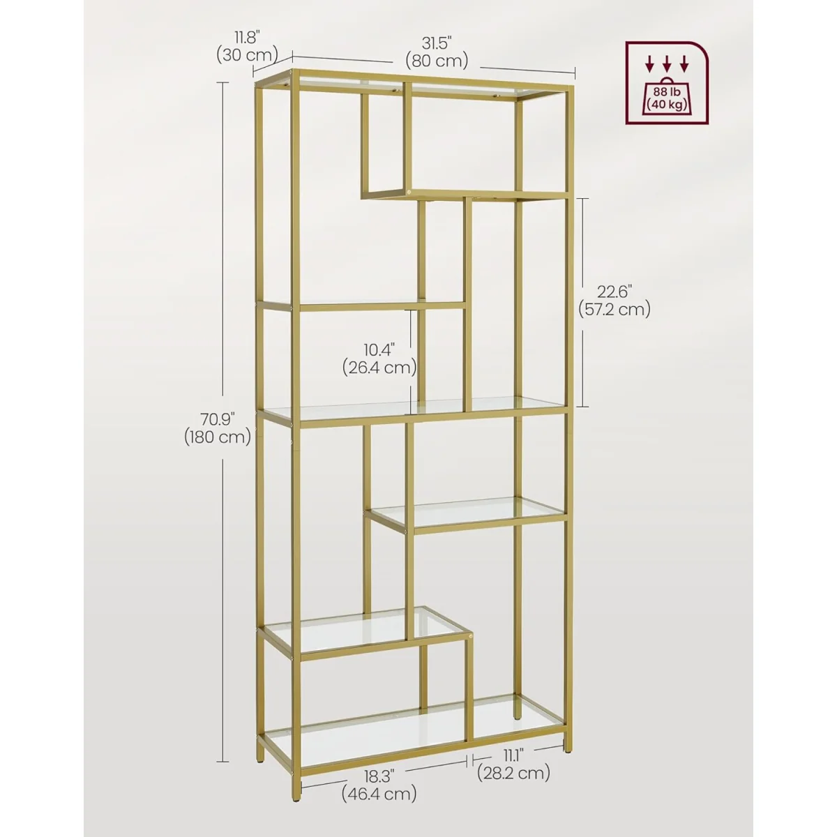 Tall 6-Tier Tempered Glass Bookcase with Metal Frame, Luxury Display Storage Unit - Metallic Gold – image 4