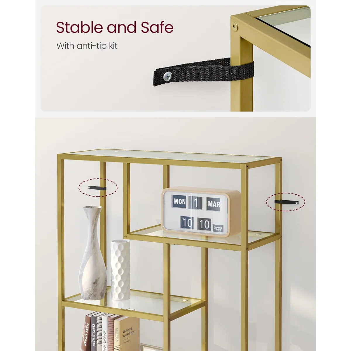 Tall 6-Tier Tempered Glass Bookcase with Metal Frame, Luxury Display Storage Unit - Metallic Gold – image 5