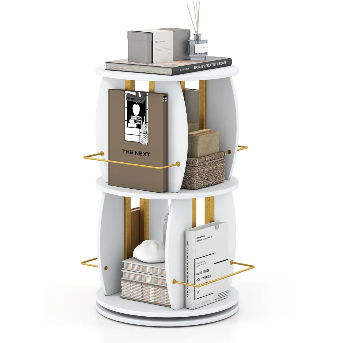 2 Tier Freestanding Vertical Bookshelf Tower with Display Stands - White – image 2