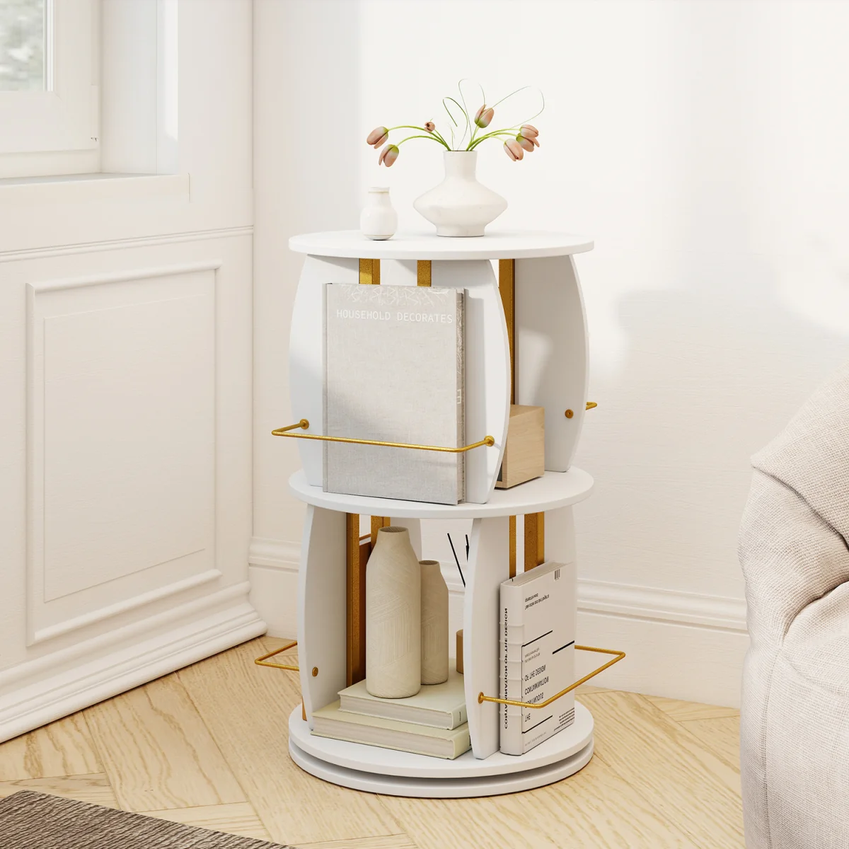 2 Tier Freestanding Vertical Bookshelf Tower with Display Stands - White – image 5