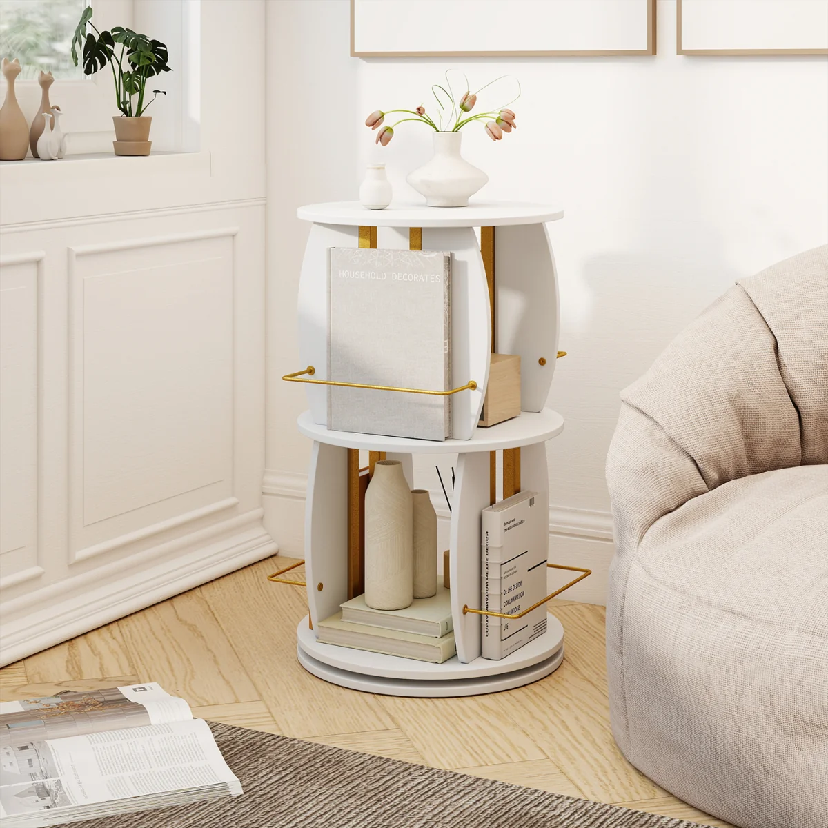 2 Tier Freestanding Vertical Bookshelf Tower with Display Stands - White – image 6
