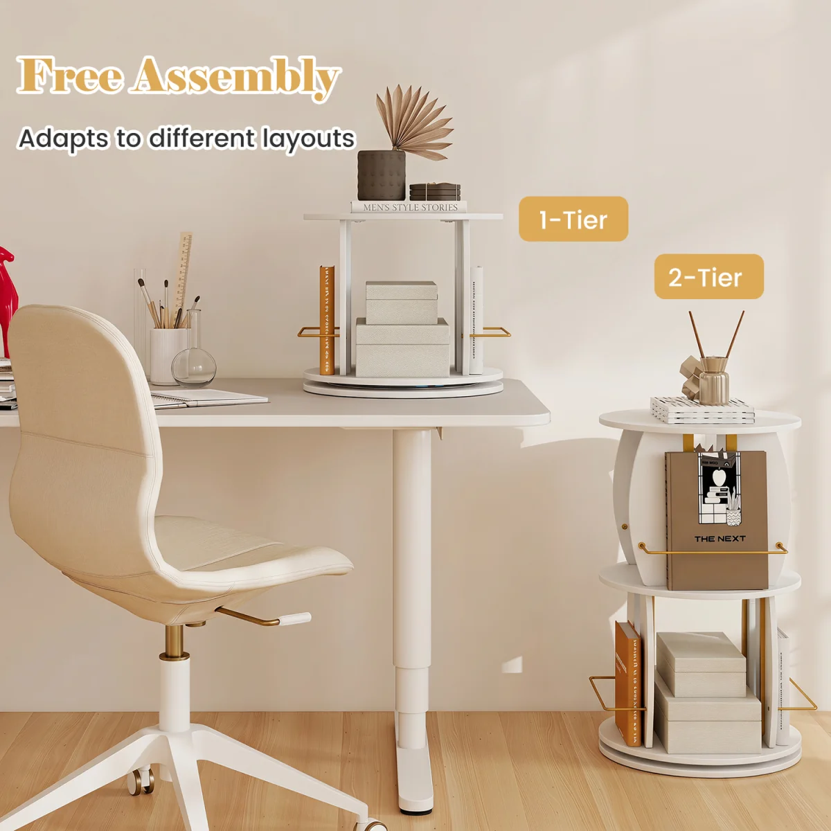 2 Tier Freestanding Vertical Bookshelf Tower with Display Stands - White – image 8