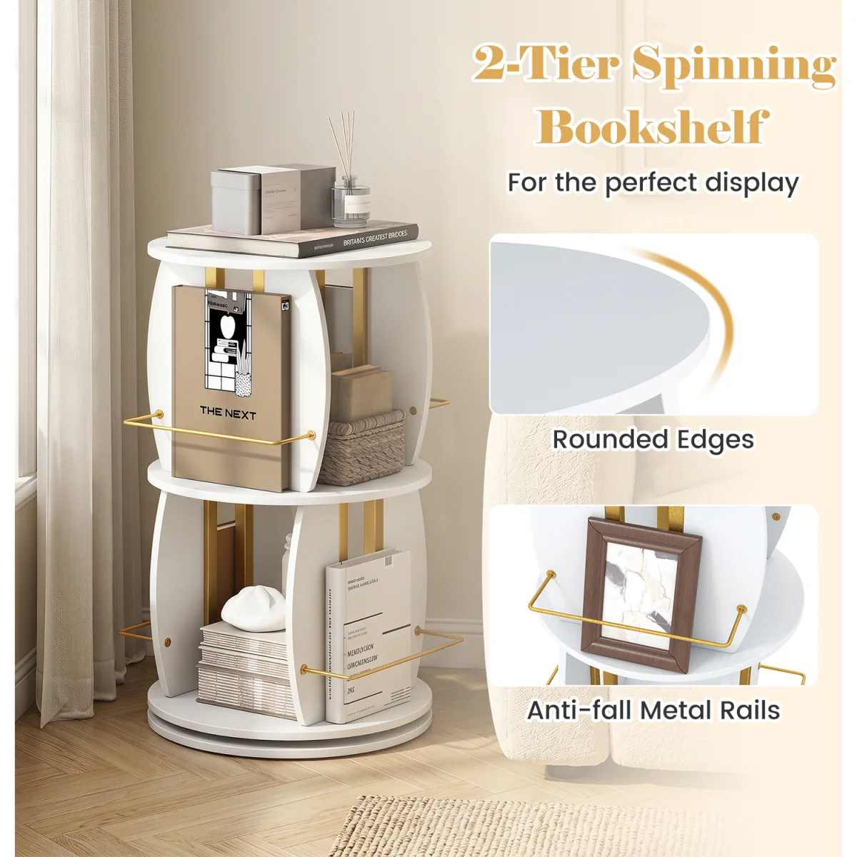 2 Tier Freestanding Vertical Bookshelf Tower with Display Stands - White – image 10
