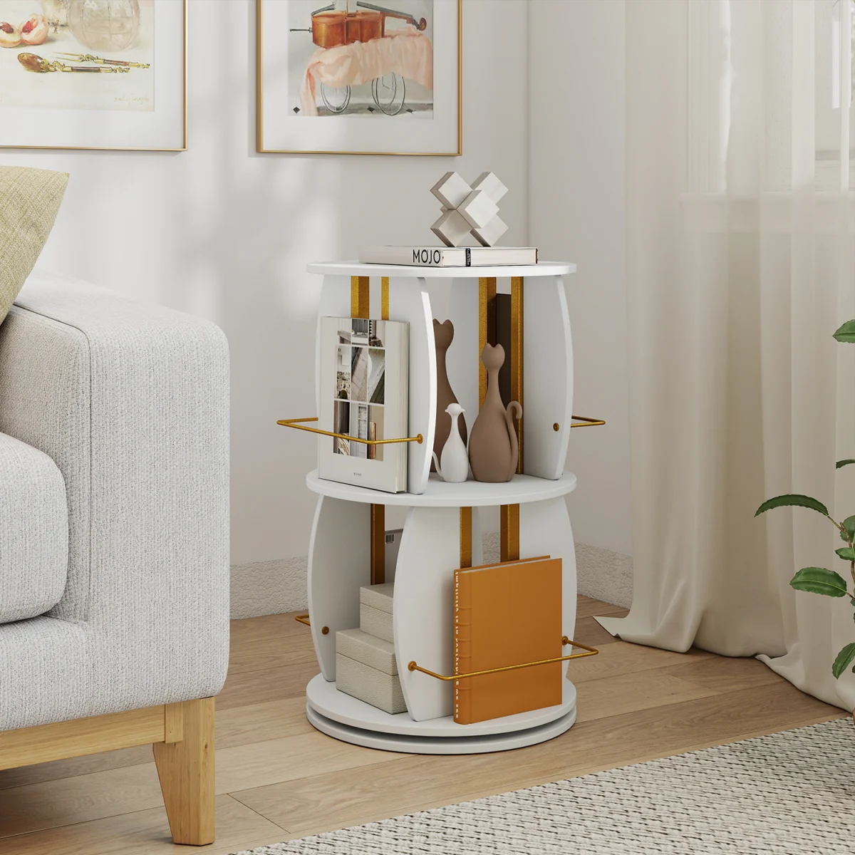 2 Tier Freestanding Vertical Bookshelf Tower with Display Stands - White – image 1