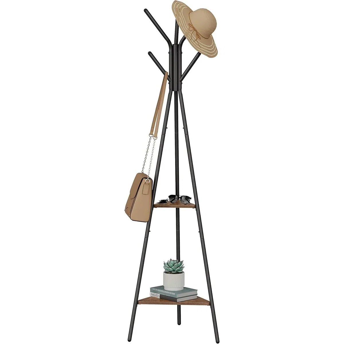 Industrial Hall Tree Coat Rack, 2 Shelves, Hazelnut Brown and Black - Hazelnut Brown, Black – image 2