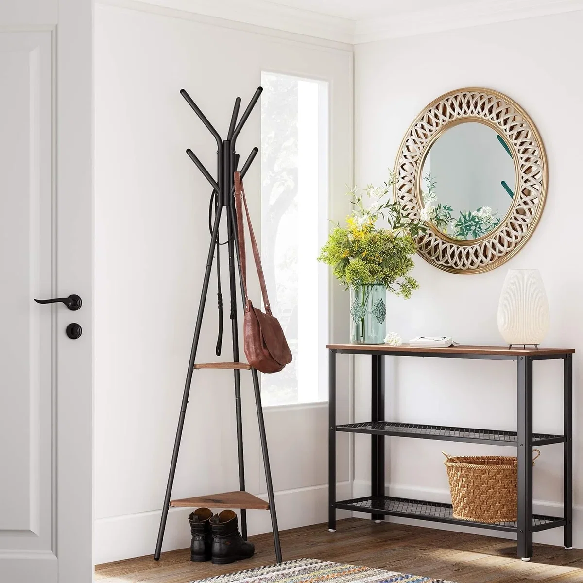 Industrial Hall Tree Coat Rack, 2 Shelves, Hazelnut Brown and Black - Hazelnut Brown, Black – image 3