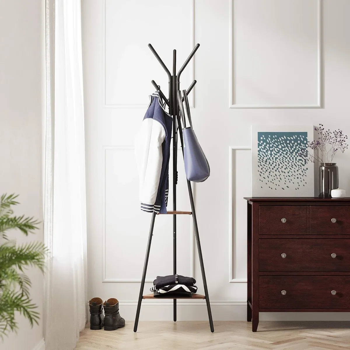 Industrial Hall Tree Coat Rack, 2 Shelves, Hazelnut Brown and Black - Hazelnut Brown, Black – image 1