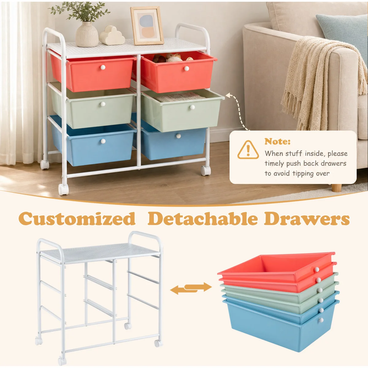 6 Drawers Rolling Storage Cart with Universal Wheels - multicolor – image 2