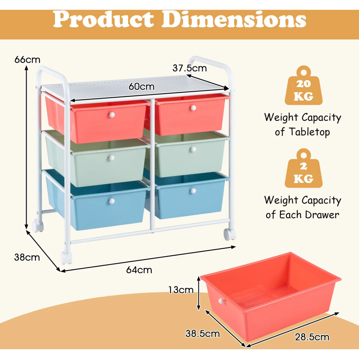 6 Drawers Rolling Storage Cart with Universal Wheels - multicolor – image 3