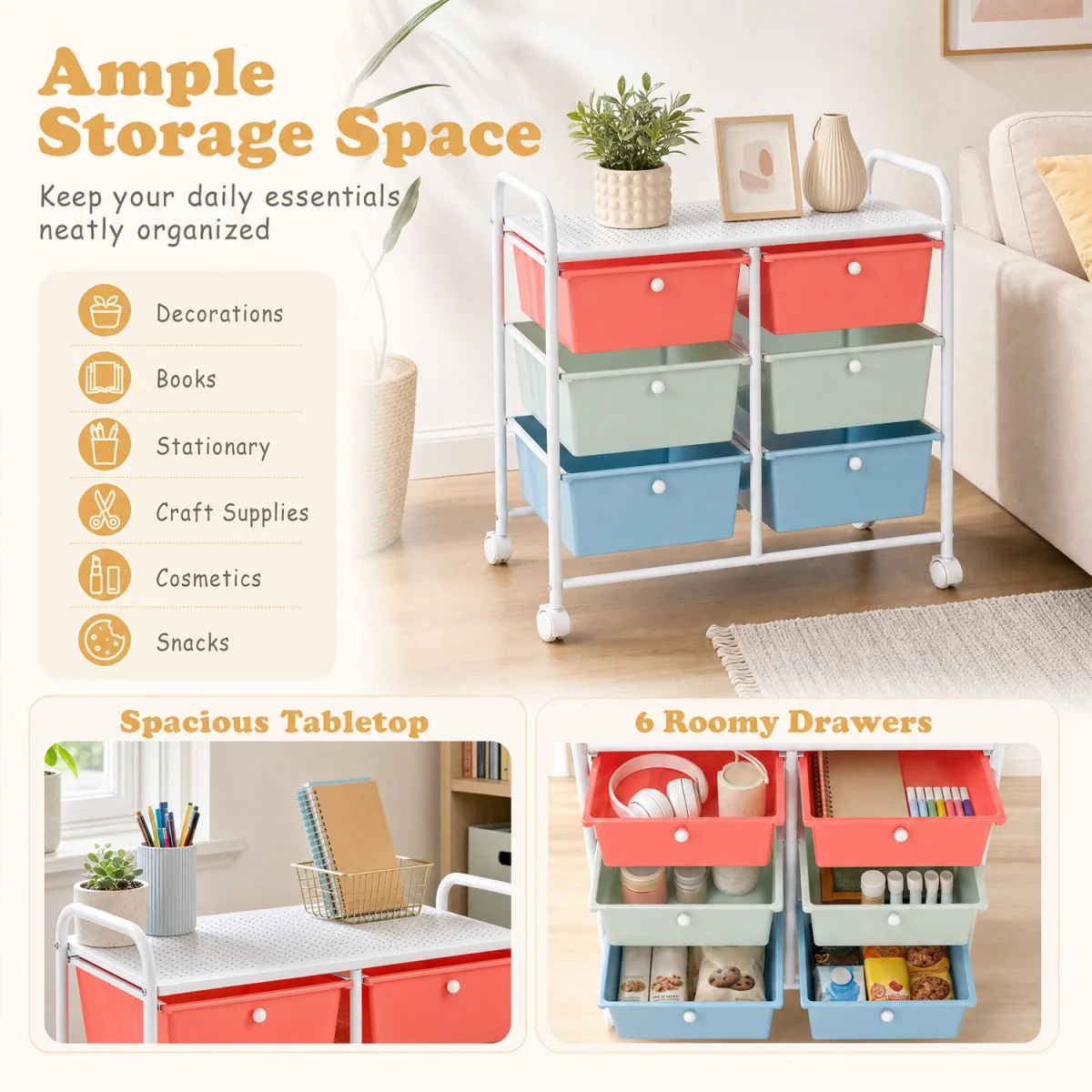 6 Drawers Rolling Storage Cart with Universal Wheels - multicolor – image 10