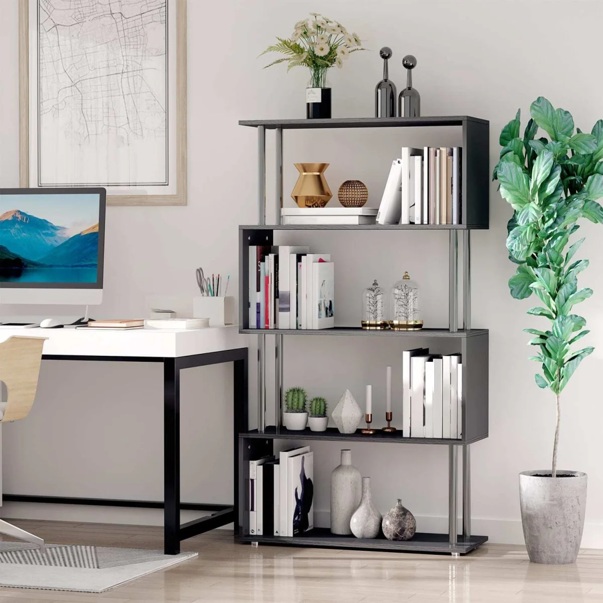 Firtu Wood Black 5-Tier S-Shaped Freestanding Bookcase – image 3
