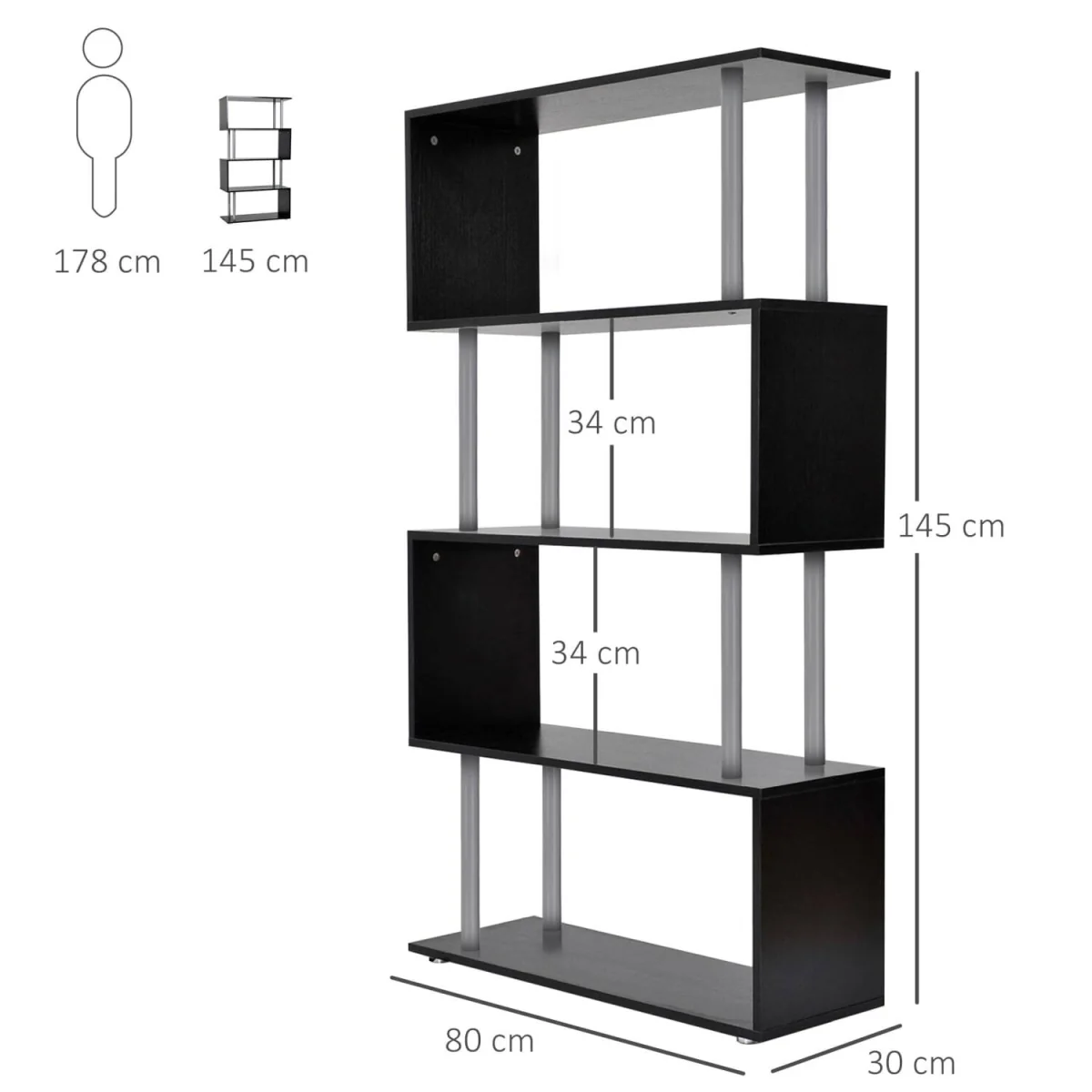 Firtu Wood Black 5-Tier S-Shaped Freestanding Bookcase – image 4