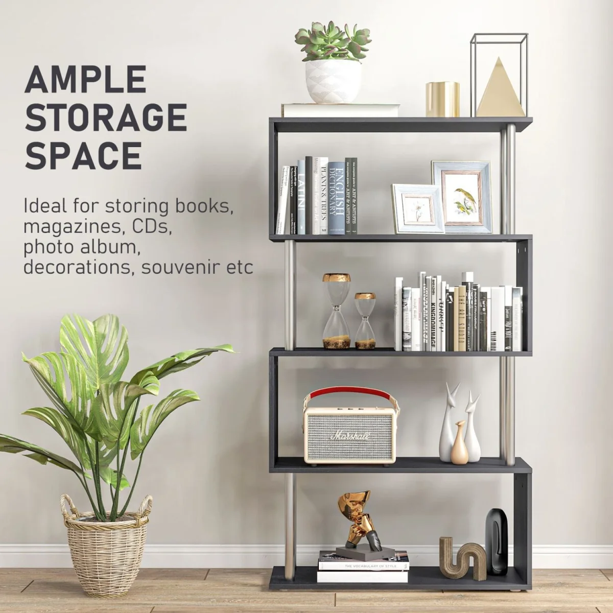 Firtu Wood Black 5-Tier S-Shaped Freestanding Bookcase – image 5