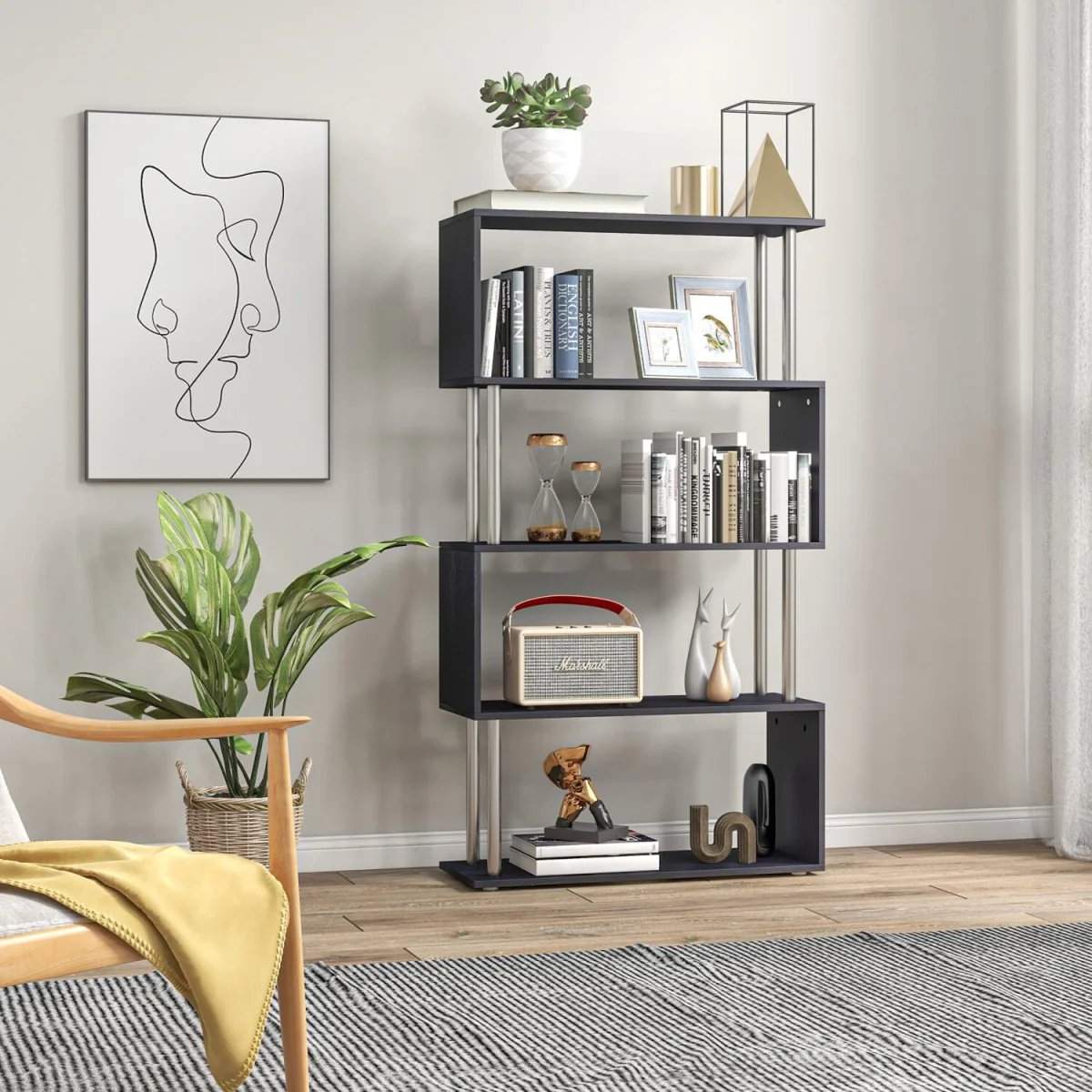 Firtu Wood Black 5-Tier S-Shaped Freestanding Bookcase – image 8