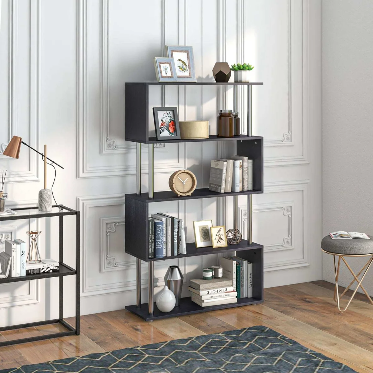 Firtu Wood Black 5-Tier S-Shaped Freestanding Bookcase – image 9