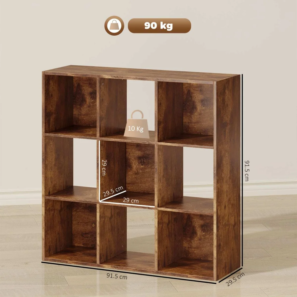 Mamomo Wood Rustic Brown 3-Tier 9-Cube Storage Bookcase – image 4