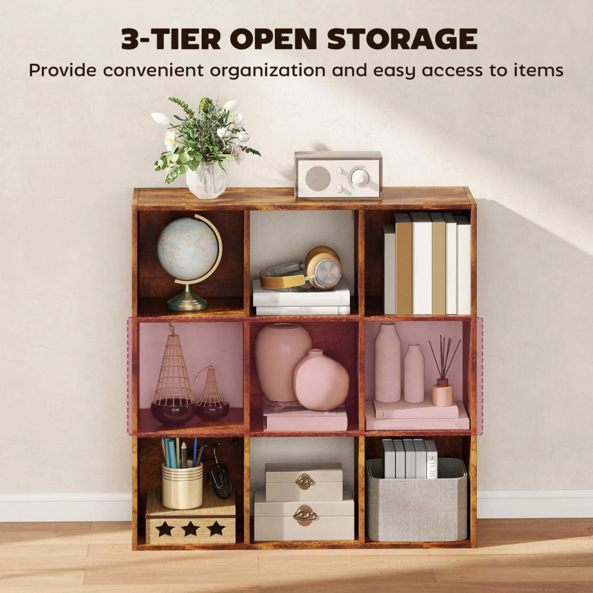 Mamomo Wood Rustic Brown 3-Tier 9-Cube Storage Bookcase – image 5